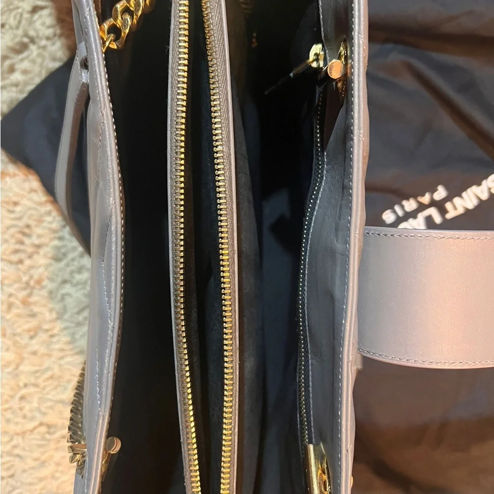 Yves Saint Laurent Gray Chevron Quilted Tote with Gold Chain Handles